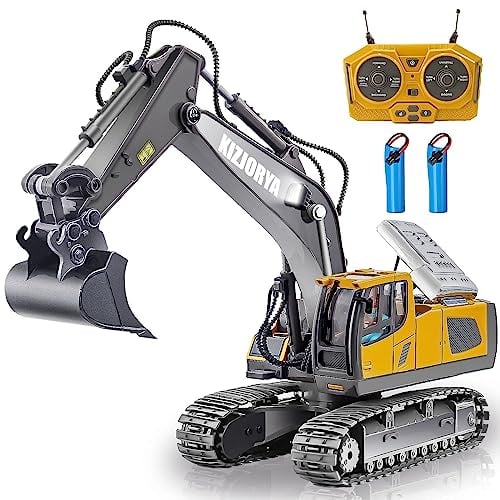KIZJORYA Excavatrice Télécommandée, Jouet Garçons 6-12 Ans, RC Rechargeable, 11 Canaux, Son Lumière, Pelle Métallique, Cadeau Anniversaire Enfants 7-10+ Ans (2,4 GHz)