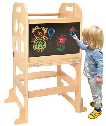 Donmills Toddler Learning Tower, Nursery Standing Tower, Kitchen Wooden Kids Step Stool, Child Stool Helper Tower for Toddlers 1-3 with Chalkboard with Safety Rail