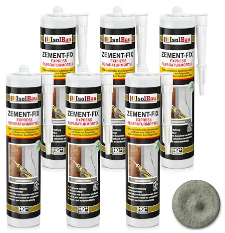 Isolbau Zement-Fix 6 x 300 ml Zementgrau Express Reperaturmörtel - Dichtungsmasse für Fugen & Risse im Innen- & Außenbereich, Kartusche