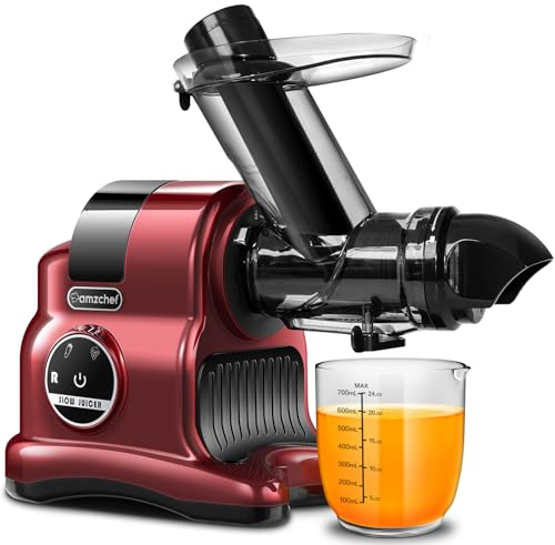 AMZCHEF Centrifugeuse 80MM avec grande goulotte de remplissage - Slow Juicer avec 2 vitesses et fonction rétrolavage - Centrifugeuse 150 Watts pour légumes et fruits entiers Vainqueur du test - Rouge