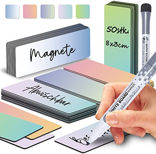 BIROYAL 50Stk Magnetstreifen Beschreibbar - 8X3cm Whiteboard Magnete zum Beschriften - Magnetschilder zum Beschriften für Magnettafel Kühlschrank Metallschrank - Whiteboard zubehör - inkl. 1 Marker