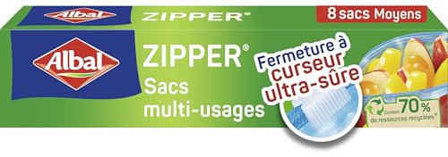 Albal - 8 Sacs multi-usages Zipper - Moyen Modèle 3L - Pour conserver, congeler, ranger ou transporter - Fermeture à curseur - Réutilisable (Lot de 2)