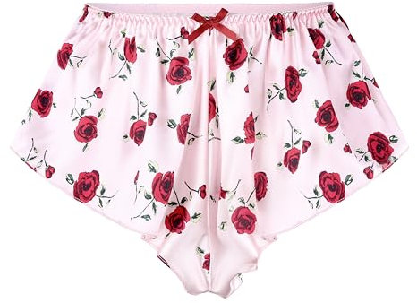 Satini Satin Geriffelte French Knickers Rock Shorts Höschen Unterwäsche (Zartrosa - rote Rosen, XXL)