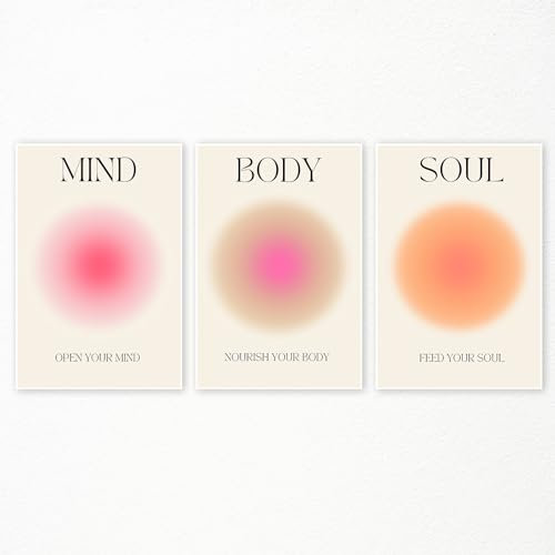 Adyggefy Art Positive Aura Ästhetische Poster, 3 Stück, farbenfroher Aura-Farbverlauf, Leinwand, Wandkunst, spirituelle Seele, Körper, Geist, Zitat, Druck, Malerei, dänische Pastell-Wanddekoration für