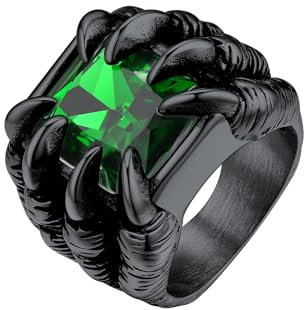 Bestyle Ring mit Grüner Stein Dragon Claw Retro Ring Edelstahl Smaragd Bandring Gothic Biker Drachen Fingerring Zirkonia Schmuck für Männer Damen, Schwarz, Ringgröße 64