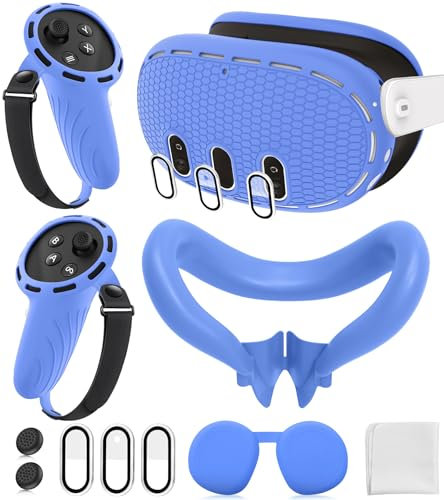 Silicone Cover Set Compatible with Oculus/Meta Quest 3 Accessories, Touch Controller Grips Cover, VR Shell Cover, Facial Interface Cover, Protective Lens Cover, Tempered Glass Lens Caps (Blue)