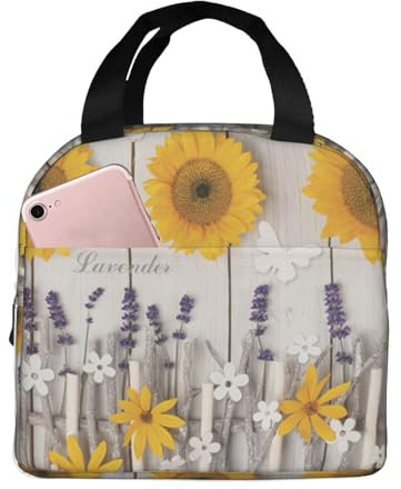 Ogniwo Wiederverwendbare isolierte Lunchtasche mit Sonnenblumen auf Holz, Kühlbox, Mahlzeitenvorbereitung, für Männer und Frauen, Arbeit, Picknick oder Reisen