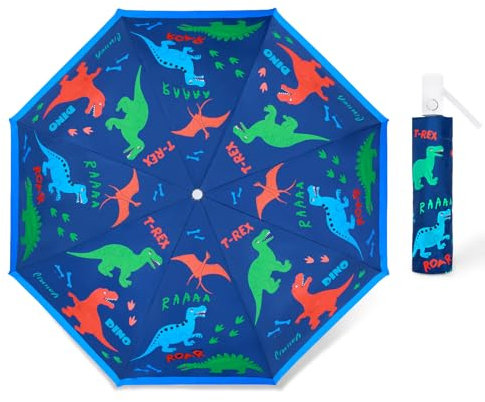 Regenschirm Kinder mit Niedlichem Muster, Kinderschirm Reflektierend mit Schirmhülle & Auf-Zu-Automatik, Taschenschirm Winddicht Sturmfest für Jungen Mädchen Leicht zu Transportieren-Blau Dinosaurier