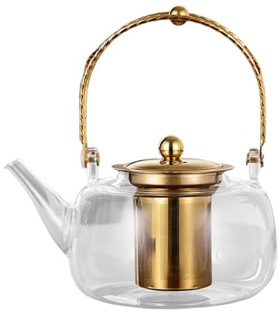 perfk Teekanne aus Glas, Wasserkocher, Teekessel, 1000 ml, handgeblasen, mit herausnehmbarem Sieb, Zubereitung von Blüh- und losen Teeblättern für Zuhause, Golden