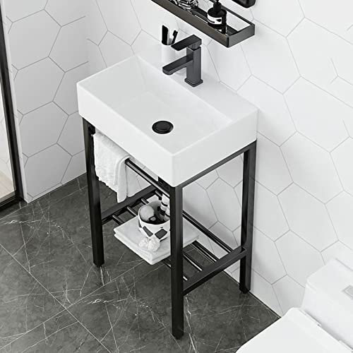 Lavabo sur pied en céramique blanche – Lavabo autoportant avec pieds en acier inoxydable et étagère de rangement noire – Lavabo rectangulaire en porcelaine – Taille