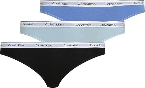 Calvin Klein Damen 3er Pack Strings Thong Unterwäsche, Braun (Sterling Blue/Black/Glacier), M