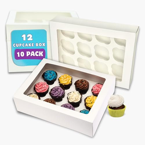 PACK N TRADE 10 Pcs cupcake boxes 12 hole - Removable Inserts Deep cake boxes for cupcakes – White cup cake boxes (33 x 24.2 x 7.5 cm) with Clear Window - Ideal for Muffins, Cupcakes