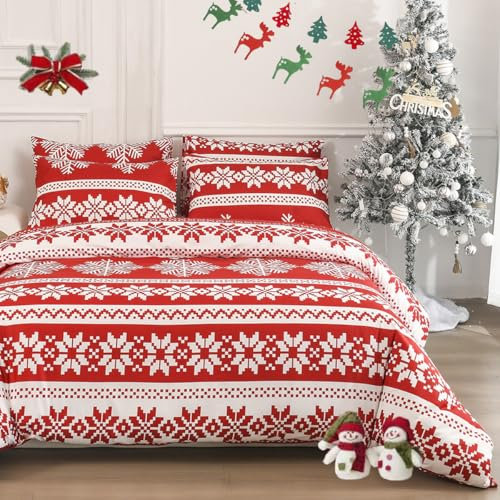 Luowei Weihnachts Bettwäsche 135x200 Schneeflocke Rot Weiß Feinbiber flauschig Bettwäsche Set und Kissenbezüge 80x80cm mit Reißverschluss