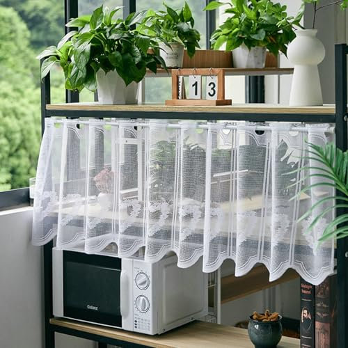 Whoiy Vorhang Kurz Küche Spitze 1 Stück, Scheibengardine Herz Modern Lichtdurchlässig Bistrogardine Halbe Gardinen Fenster Weiß Rod Tasche Wohnzimmer Landhaus 45x150cm