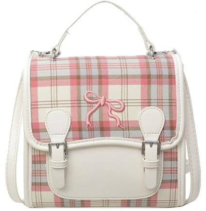 FUNSEED Mini-Rucksack für Damen, niedliche Schleife, rosa kariert, kleine Tragetasche, Rucksack für den täglichen Gebrauch, Beige, Small, Niedlich