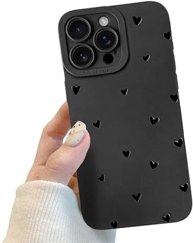 Compatible for iPhone 16 Pro Case, Black Cute Heart Case Design for Women Girls, Soft TPU Slim Profile, Anti-Slip Shockproof Protective Phone Cover for iPhone 16 Pro