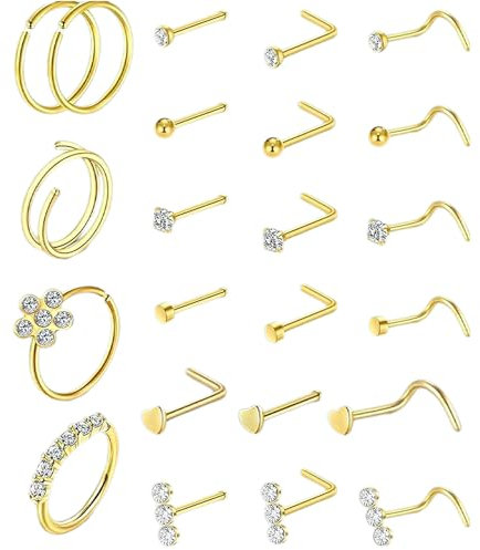 Copbopwn 20G Nose Piercing Kit - 23 Pcs Nose Studs & Rings - Stainless Steel & Gold & Silver - L Shaped Hoops & Studs - Surgical Steel