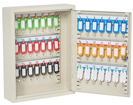 The Workplace Depot Lockable Key Cabinet, White Heavy Duty, 42 Key Capacity | Steel Wall Mounted Lock Safe with Hooks & Coloured Tags for Home, Office, Garage & Warehouses42 Key Capacity, Heavy Duty.