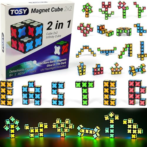 TOSY Magnet Cube 2x2-8 Blocks, 2 in 1 Toy: 2x2x2 Puzzle and Customizable Infinity Cube, Glowing, UV Flashlight, Fidget/Sensory/STEM Magnet Tiles Birthday Gift for kids/teens/adults