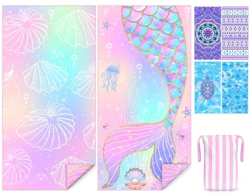 COYBTO Mikrofaser Strandhandtuch Mädchen, 180x90 cm Beidseitig, Schnelltrocknend, Sandfrei, Meerjungfrau Muster