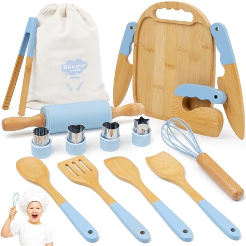Wooden Kids Cooking Set Montessori Kit - Real Toddler Kitchen Tools & Baking Utensils - 15PCS Cooking Kit for Kids with Storage Bag, Great Gift for Pretend Play & Montessori Learning (Blue)