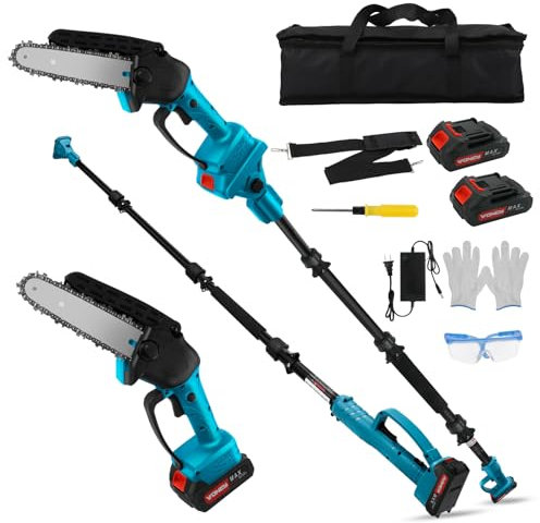 Perche Élagueuse Télescopique Électrique Compatible avec Makita 18V, 2-en-1 6 Pouces Tronçonneuse Télescopique & Mini Tronçonneuse, Tondeuse Electrique Sans Balais avec 2 Batteries de 2000 mAh