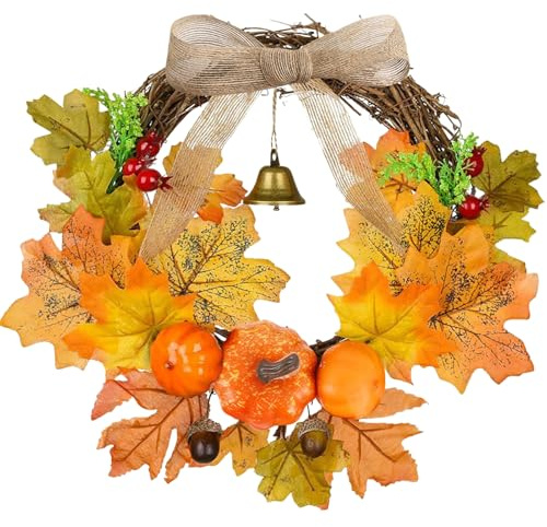 30cm Herbstkranz, Herbstkranz Für Haustür, Kürbisse Kranz, Herbst Ahornblätter Kürbis Mit Ahornblätter Rote Früchte Tannenzapfen, Thanksgiving Kranz Für Außen Halloween Weihnachten Herbstdekoration