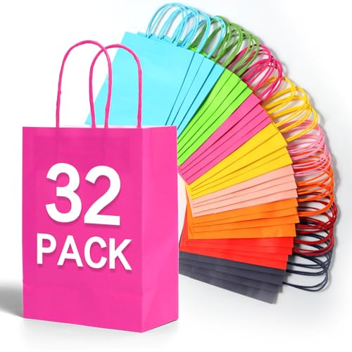 Partytüten mit Griffen, Geschenktüten für Geburtstag, Hochzeit, Babyparty, Weihnachten, wiederverwendbare Kraftbeutel, Verpackungszubehör, 22,1 x 16,0 x 8,0 cm, 32 Stück, 8 Regenbogenfarben