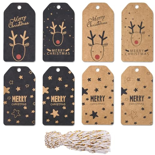 80 etichette natalizie in carta kraft, con 80 cordoncini per decorare l'albero di Natale