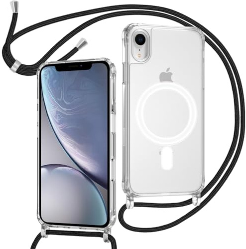 ZYIMOU Coque pour iPhone XR avec Cordon Compatible avec MagSafe, Housse Magnétique Transparente Étui avec Collier Réglable Résistant Silicone Case, Chaîne Noir