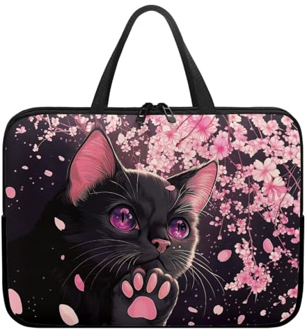 ZIATUBLES Pink Cherry Black Cat Print Laptop Case with Handle Laptop Sleeve Traveling Computer Bag Compatible with 10-17 inch Notebook Carrying Bag Briefcase, 15inch