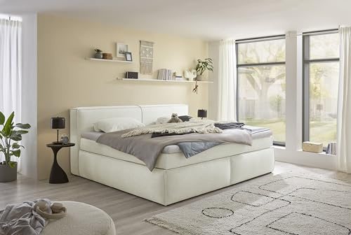 Boxspringbett Sandon 180x200 in Ivory – Duo-Wendematratze H3/H4 mit 7-Zonen-Tonnentaschenfederkern, 6 cm Topper & komfortabler Liegehöhe 70 cm