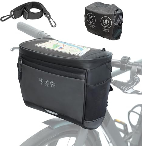 Kinetrail Bike Handlebar Bag with Rain Cover, Bicycle Front Phone Bag with Touch Screen, Adjustable Shoulder Waterproof Dual Zippers Insulated Basket Bag for Mountain Road Bike, Cycling Accessories