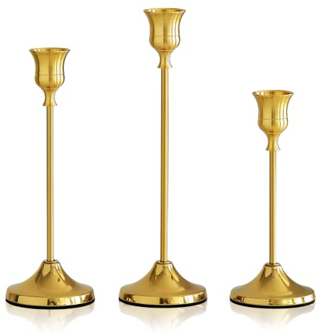 3 Stück Gold Kerzenhalter Set Metall Kerzenhalter Gold konisch Kerzenhalter Antik Bronze Vintage Moderne Dekor Metall Kerzenständer für Zuhause, Hochzeiten, Partys und Abendessen