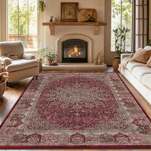 BYBSRLL Vintage Teppich Wohnzimmer 120x180 cm - Weicher, Waschbarer & Rutschfester Kurzflor Teppiche, Orient Teppich Gegend für Esszimmer, Schlafzimmer, Kinderzimmer und Homeoffice, Alt-Rot