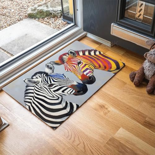 JEDTAKCT Bemaltes Zebra Fußmatte, 45X75Cm Waschbare Teppiche Mit Grau Moderne Tierkunst, Innen Und Außen rutschfeste Schmutzfangmatte Kurzflor Fußabtreter Für Eingang, Haustür, Flur
