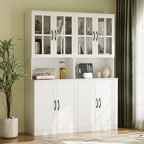 VOWNER Bücherregal mit Glastüren und offenem Fach, 180 cm Hochschrank, 5 Ebenen Bücherschrank, Standregal Vitrinenschrank, Buffetschrank mit Arbeitsplatte, 60x40x180 cm, für Wohnzimmer, Büro (2PCS)