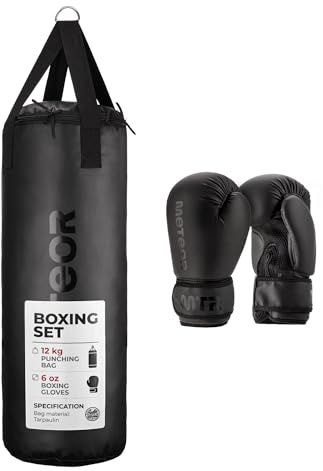 meteor Box-Set für Kinder & Jugendliche – schwarzer Tarpaulin Boxsack 6/12 kg (66×23 cm/87×27 cm) + 6 oz Schwarze Handschuhe – recycelte Füllung – Trainingsset für Boxen, Kickboxen & Muay Thai