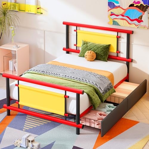 OKMYHOME Kinderbett 90x200 Einzelbett mit 2 Schubladen Metallbett Bettgestell robuste Stahlkonstruktion Platzsparendes Funktionsbett Rot+Gelb(ohne Matratze)