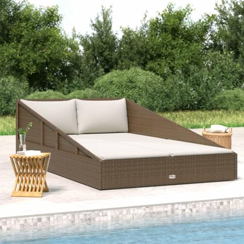 Cama de jardín marrón de 110 x 200 cm, polirratán, con 4 cojines y 2 cojines, resistente a la intemperie, para terraza, balcón, piscina, tumbona doble ajustable