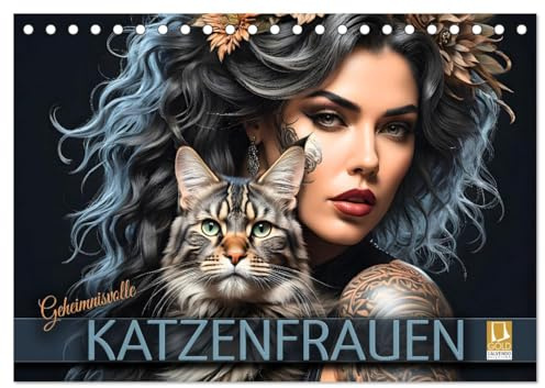 Geheimnisvolle Katzenfrauen (Tischkalender 2026 DIN A5 quer), CALVENDO Monatskalender: Zauberhafte Porträts anmutiger Samtpfoten mit ihren schönen, verführerischen Gefährtinnen (CALVENDO Tiere)