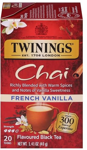 Twinings of London French Vanilla Chai Tea Bags 1.41 Ounces - 1 Box | Sweet Vanilla & Savoury Cinnamon, Ginger, Cardamom & Clove, Naturally Caffeinated, 20 Foil Lined Individually Wrapped Bags