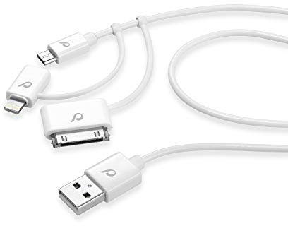 Cellularline Câble USB Data Triple - Micro USB, Lightning & Dock Câble pour recharger et synchroniser Les données pour Apple, Apple Dock et Micro USB. Blanc