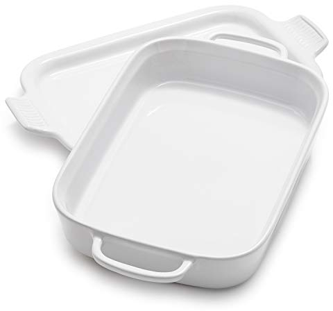 LE CREUSET Rechteckige Auflaufform mit Deckel aus Steingut, Steingut, weiß, 14 3/4 x 9 x 2 1/2