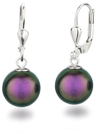 Schöner-SD Perlenohrringe 925 Silber Ohrhänger Perle hängend 10mm Iridescent Purple
