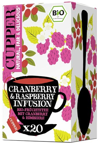 Cupper Bio Früchtetee Cranberry Rasperry, 20 ungebleichte Teebeutel, umweltfreundlich, fair gehandelt