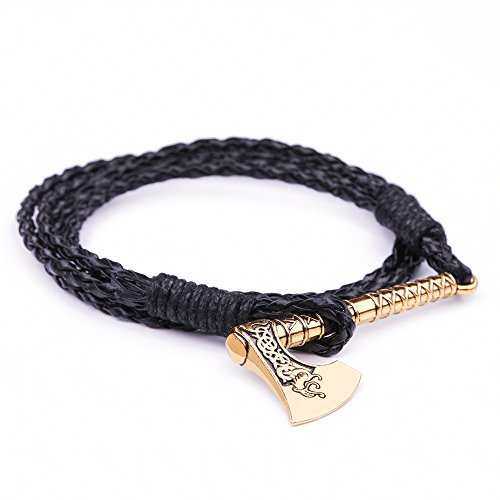 LIKGREAT - Bracciale da uomo con Ascia di Perun vichinga decorata con rune, amuleto, àncora, in corda di cuoio intrecciata