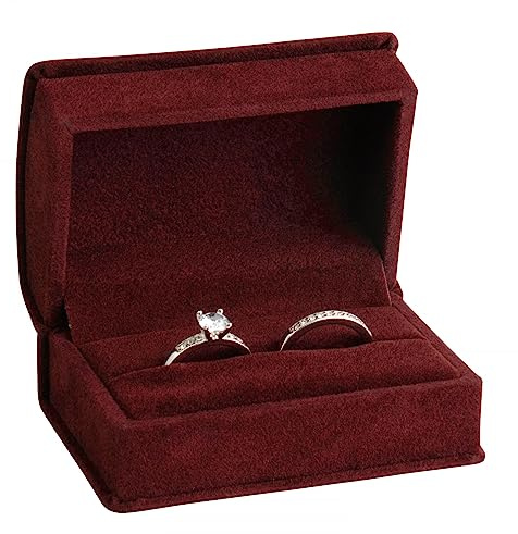 Noble Luxurious Suede Double Ring Jewellery Box with Matching Two Piece Packer with Ribbon for Engagement, Proposal or Special Occasions. (Burgundy, Double Ring Box)