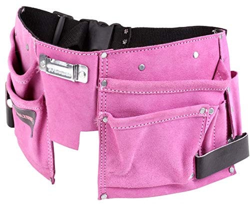 Professional Pink Double Leather Tool Belt with 11 Pouches, 2 Tool Loops and Long Adjustable Strap