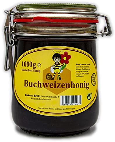 ImkereiBeck® - Echter Imkerhonig/Bienenhonig im 1kg /1000g Honigtopf - Honig vom Imker aus Deutschland/Bayern im wiederverwendbarem hochwertigem Bügelglas (Buchweizenhonig)